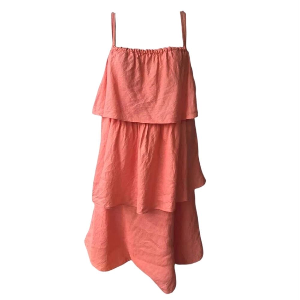 J. Crew Coral Orange Linen Ruffle Tiered Sun Dress w/Spaghetti Straps | Size 6 - Picture 3 of 9